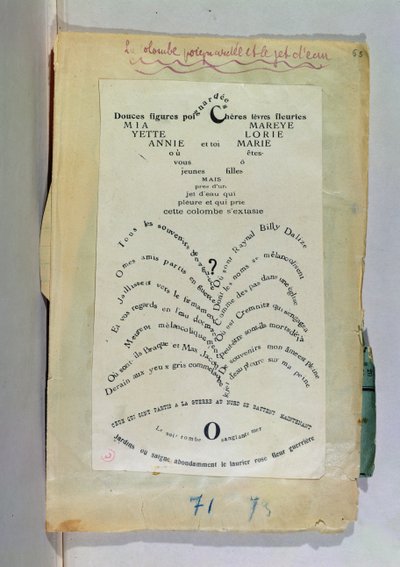 「鳩が刺した」と「ウォータージェット」、2つのカリグラフィ（紙にインク） 作： Guillaume Apollinaire
